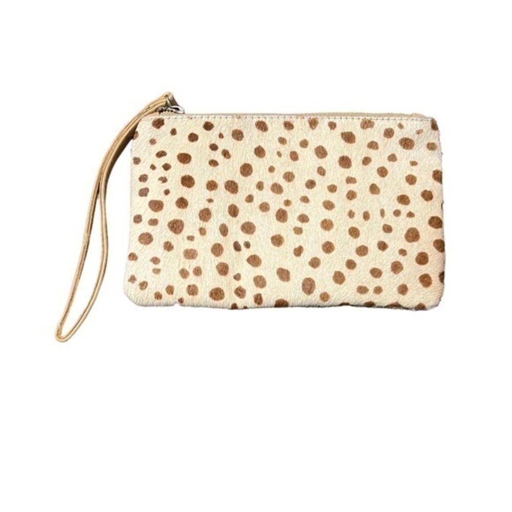 SAUDARA animal spots genuine calf hair cream & brown zipper pouch